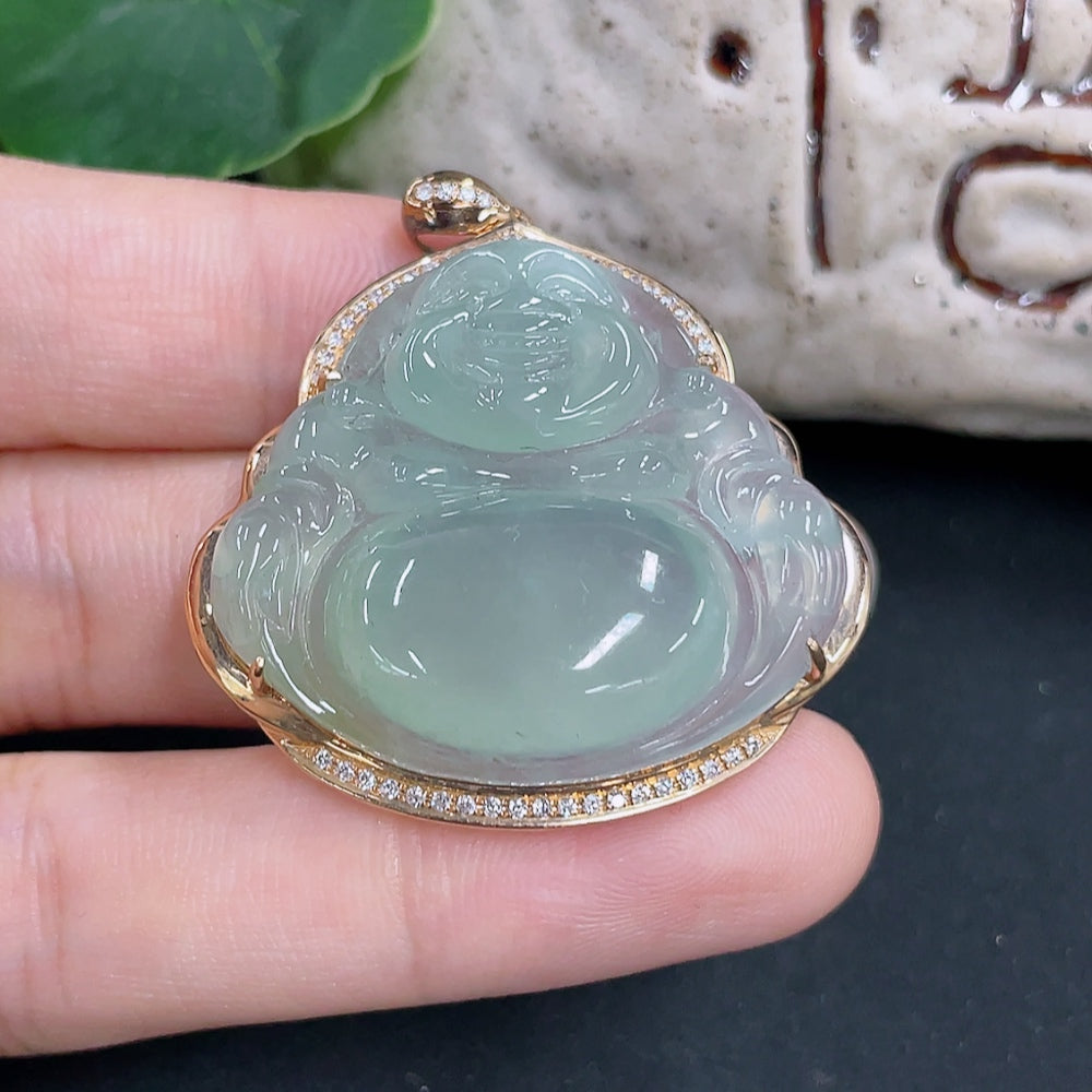 Jadeite Buddha pendant with 18k gold and diamond accents, weighing approximately 12.5g, featuring intricate craftsmanship.