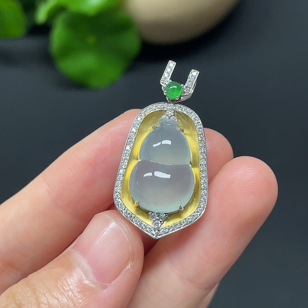Jadeite Gourd Inlaid Pendant 18k with Diamond Accents