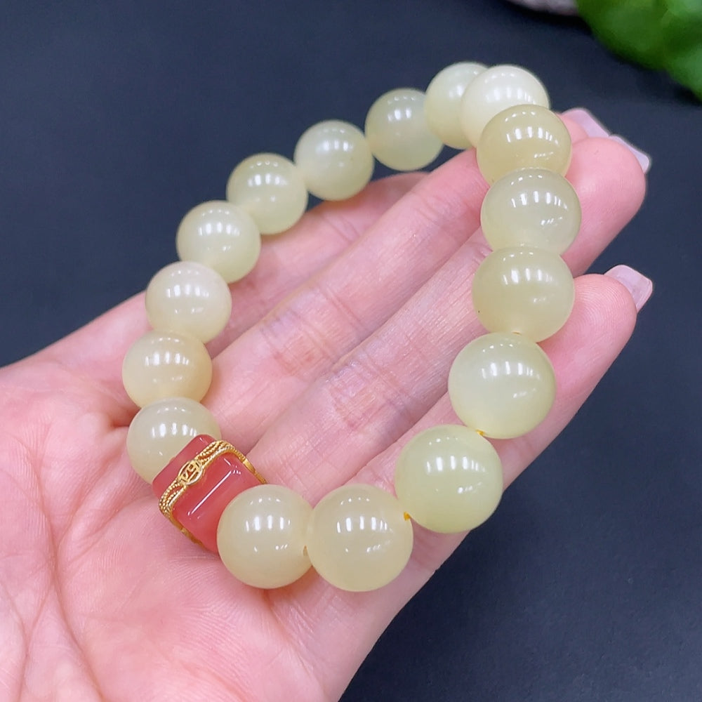 Hetian Jade Beaded Bracelet, Approx. 12mm, Total Weight Approx. 46.6g, Non-Hetian Jade Beads Included
