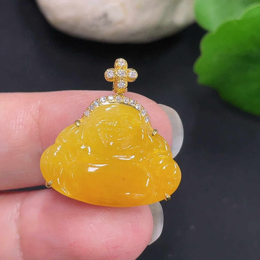 Jadeite Buddha Pendant Set in 18K Gold, Total Weight Approx. 3.3g (with Diamond Accents)