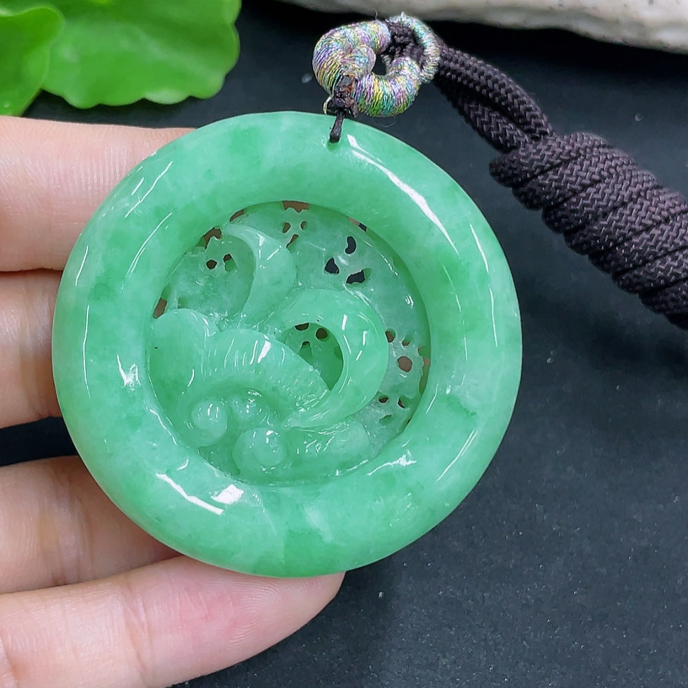 HKHQ jadeite lotus pendant necklace with rope, featuring a detailed green jadeite lotus design, total weight approx. 48.61g