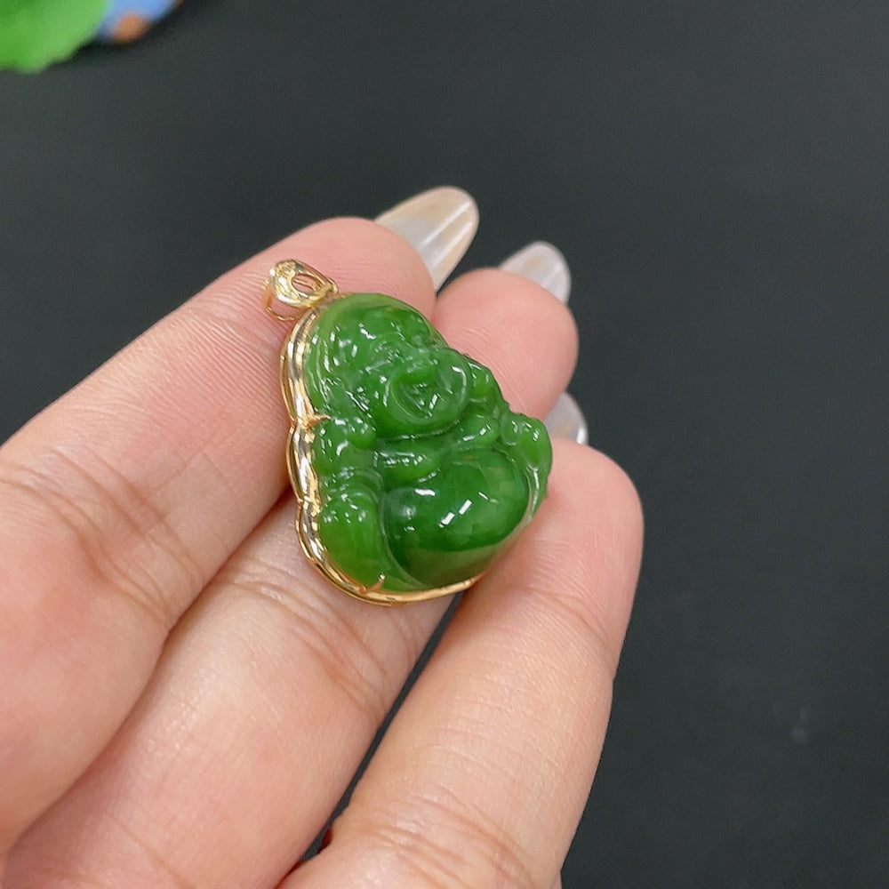 Hetian Jade Inlaid Pendant - Buddha, Total Weight Approx. 5.4g, 18K Gold with Diamond Accents