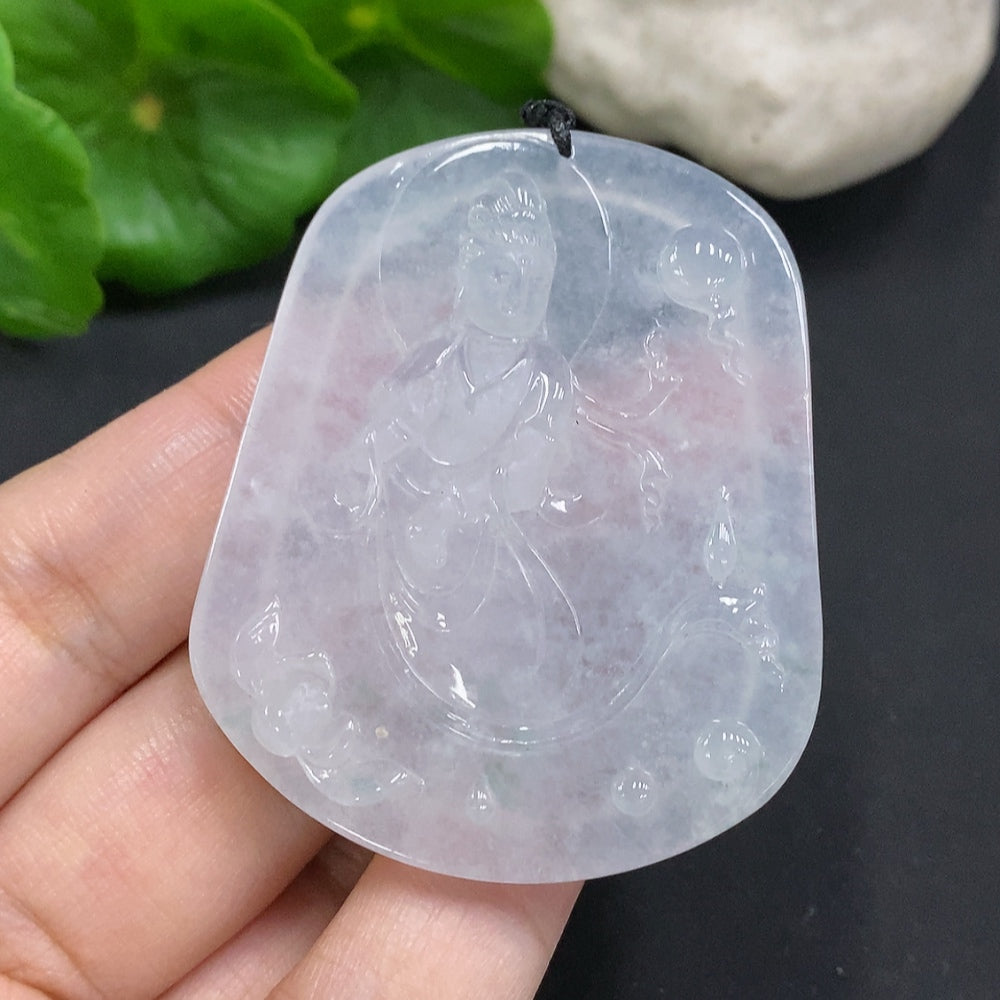Jadeite Guanyin pendant from HUILIU HQ, featuring detailed carved figure, weighing approximately 30.4 grams.