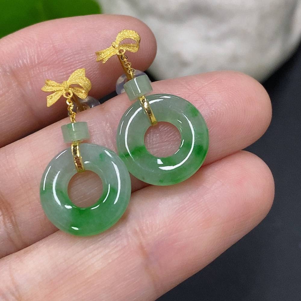 HUILIU HQ Jadeite inlaid earrings with 18K gold, delicate jewelry featuring green jade stones, approximately 2g weight.