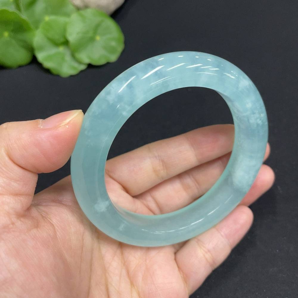 Huiliu Celestial Blue Frost Serpentine Jade bracelet with smooth round beads, Huiliu certified, showcasing elegant blue-green tones.