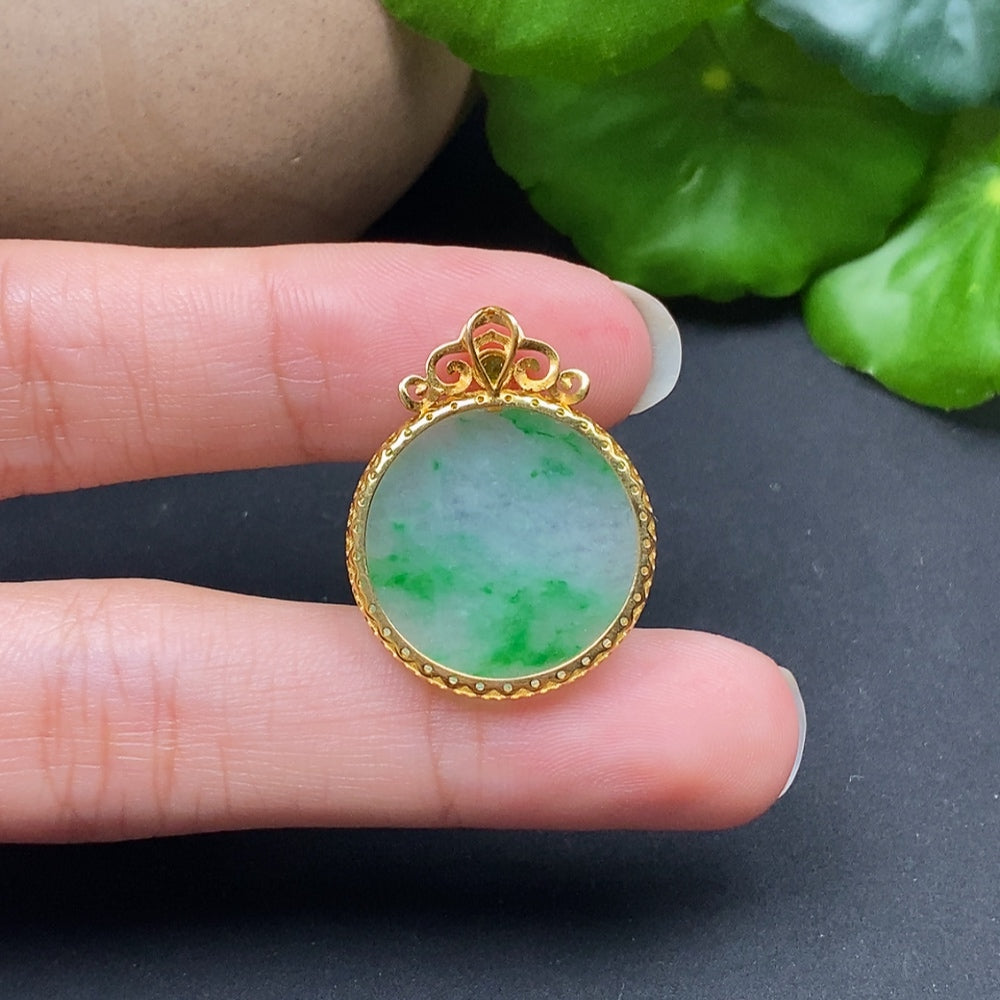 Jadeite plain pendant on 18K necklace from HKHQ, close-up of smooth, polished jadeite stone with elegant setting