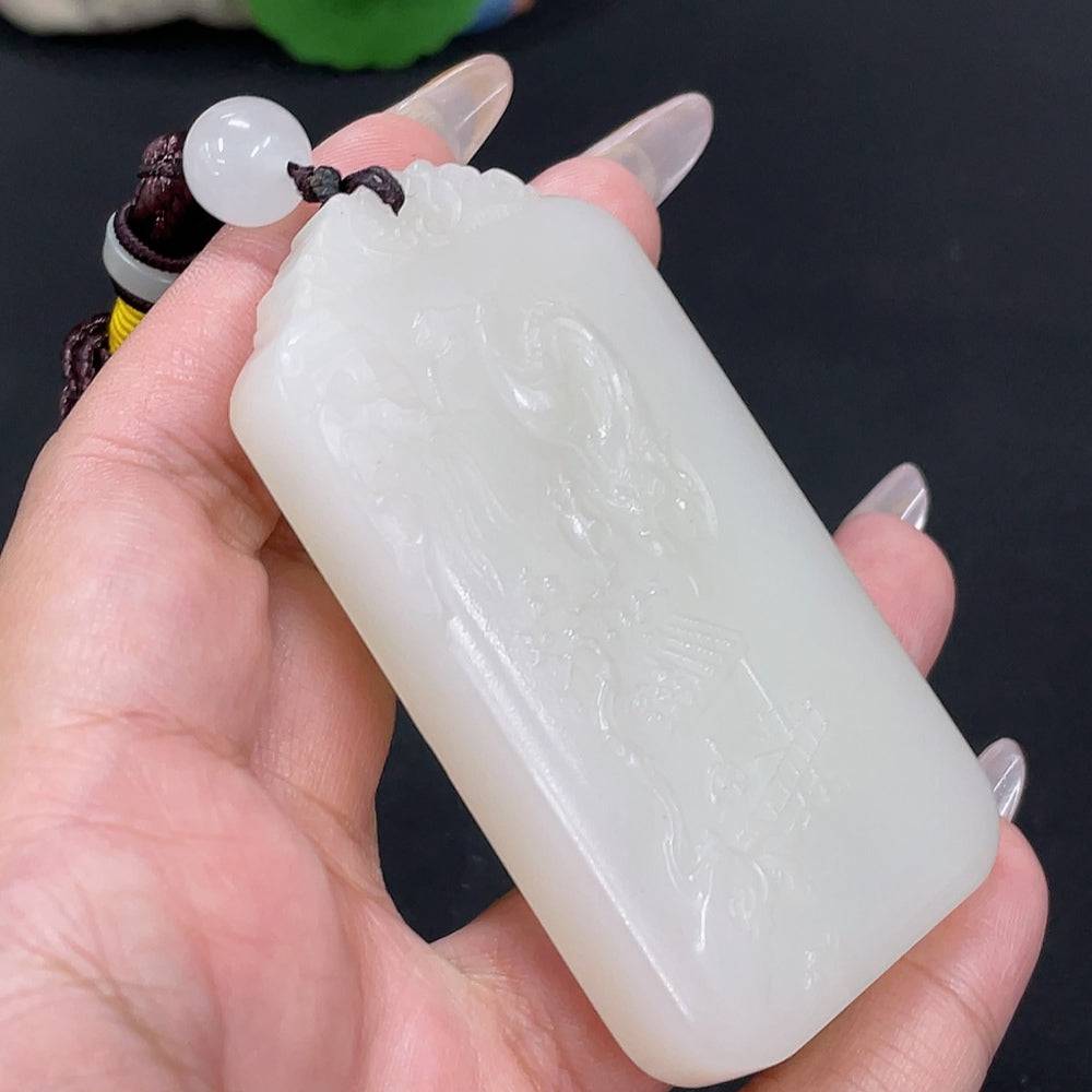 Huiliu Hetian Jade Pendant with dragon design, includes rope and non-Hetian jade beads, certified Huiliu HQ jewelry.