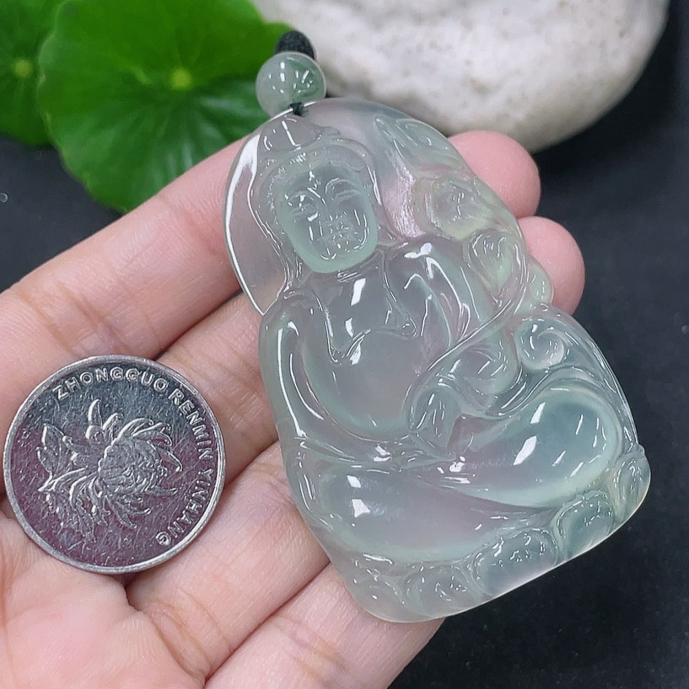 Jadeite Guanyin pendant with rope, weighing 20.86g, featuring detailed craftsmanship in a natural jewelry setting.