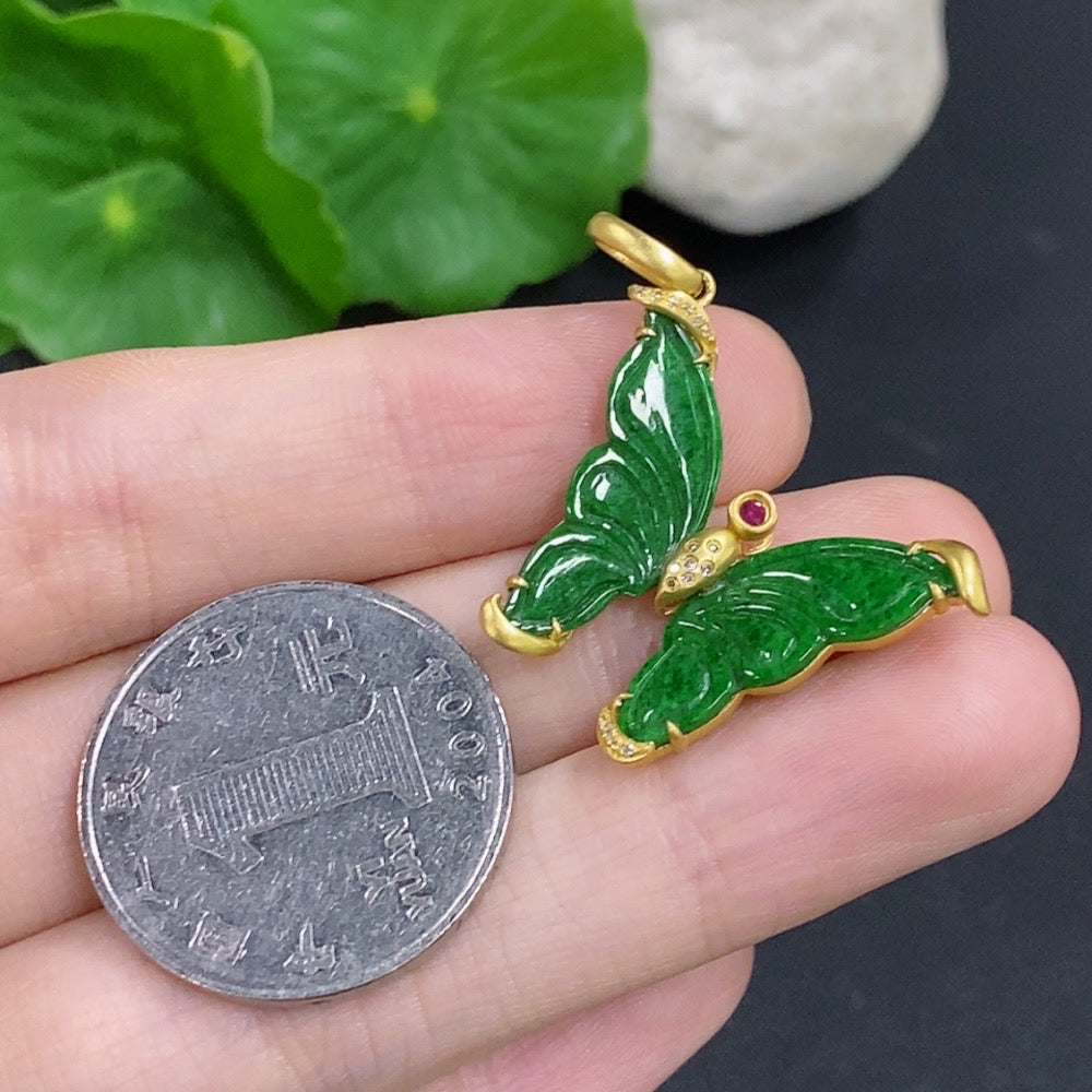 Jadeite pendant with 18k gold mount and diamond accent, part of HKHQ necklaces collection, showcasing a polished gemstone and fine jewelry details.