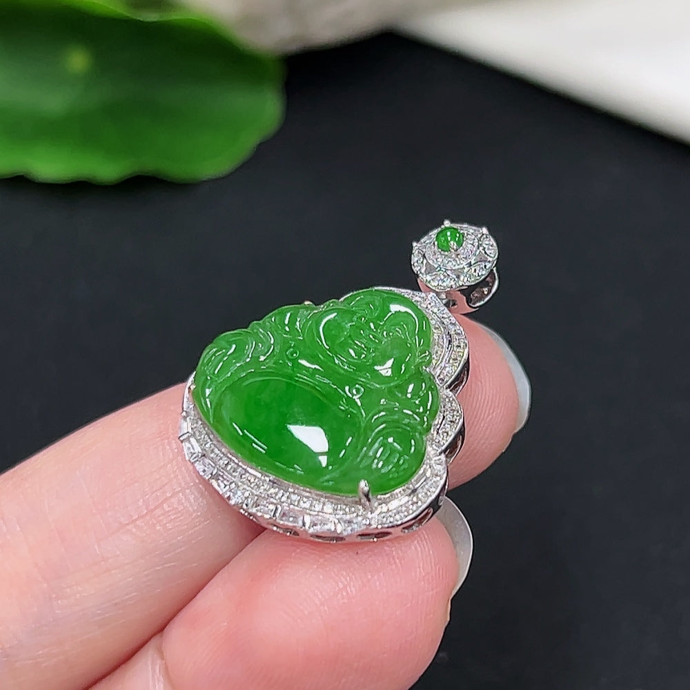 Jadeite Buddha pendant necklace in 18K gold with diamond accents, featuring a detailed Buddha figure, elegant jewelry piece.