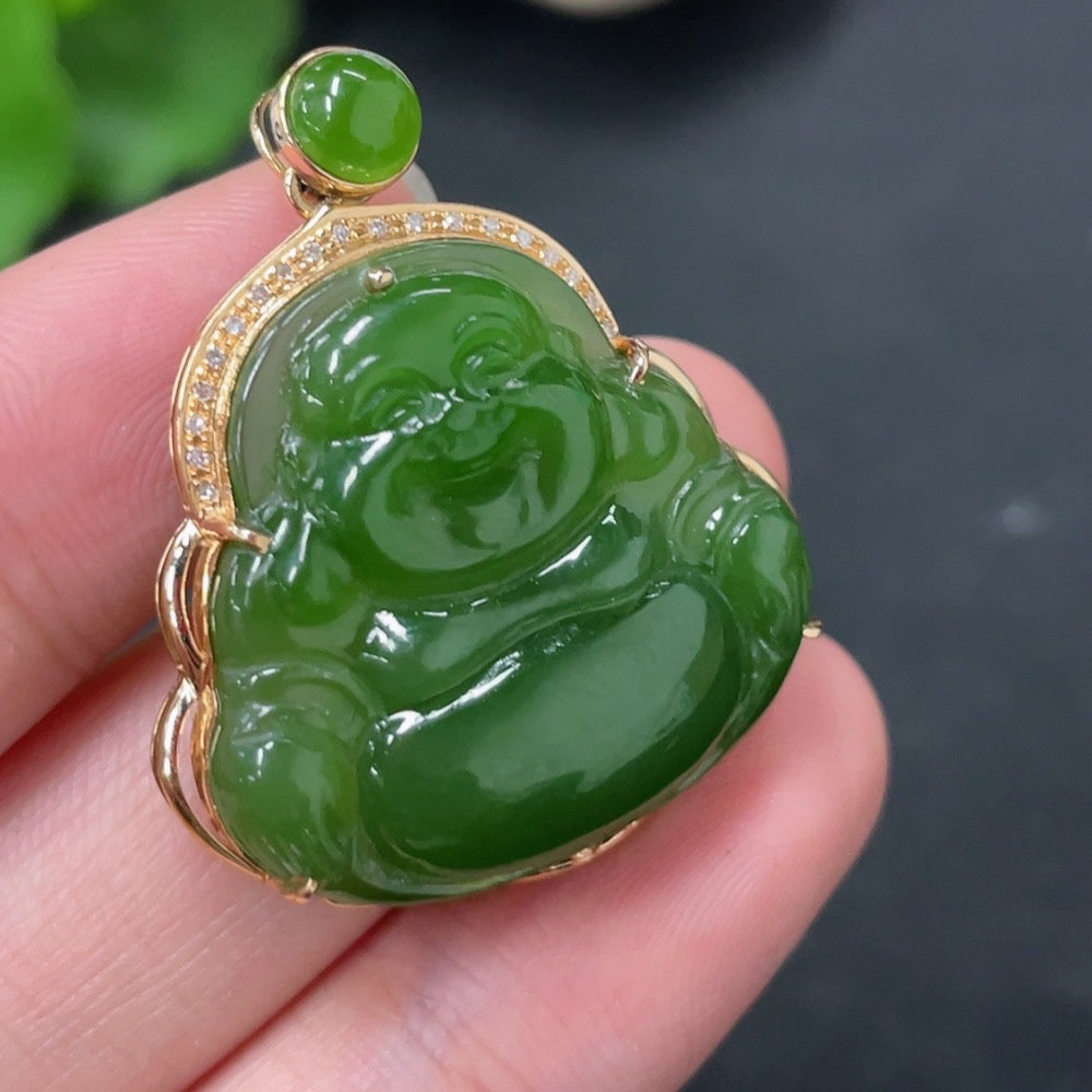 Hetian jade Buddha pendant in 18K gold with diamond accents, weighing approximately 6.2g, showcasing intricate craftsmanship.