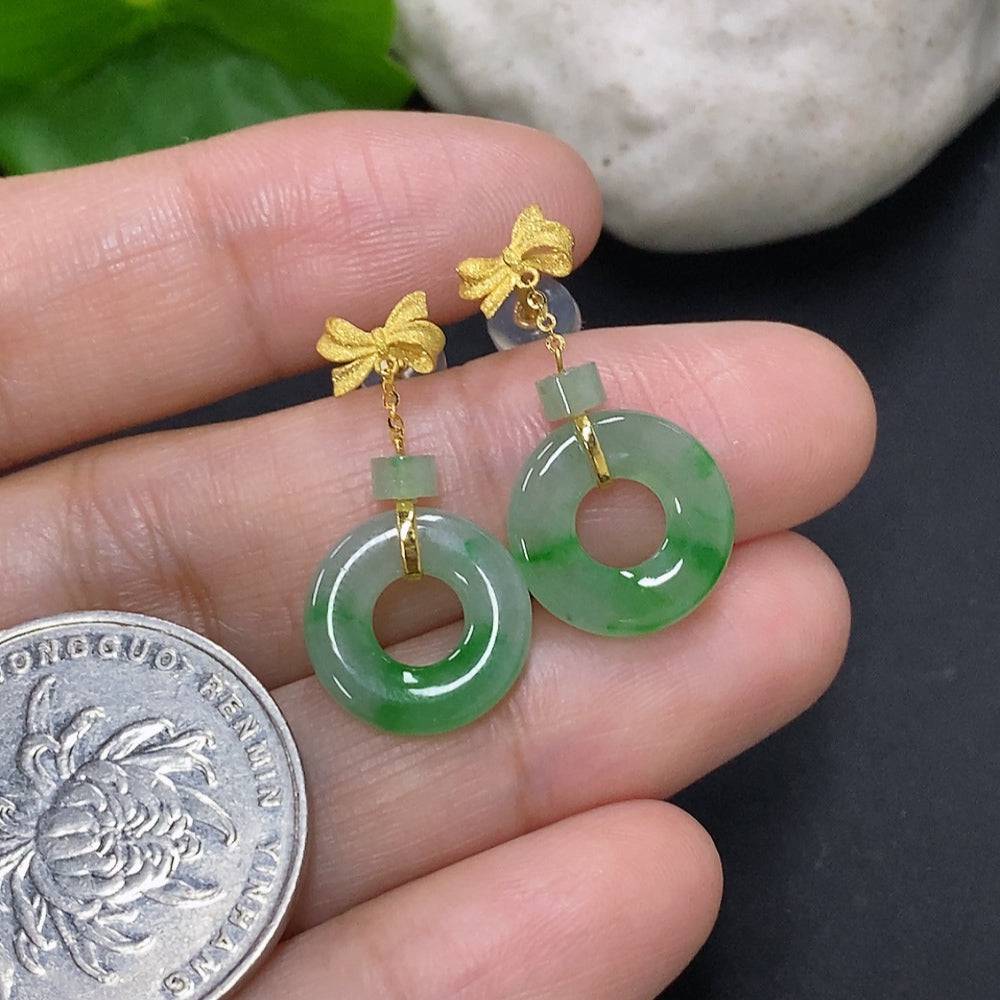 HUILIU HQ jadeite inlaid earrings with 18K gold setting, showcasing intricate jade design and delicate craftsmanship.