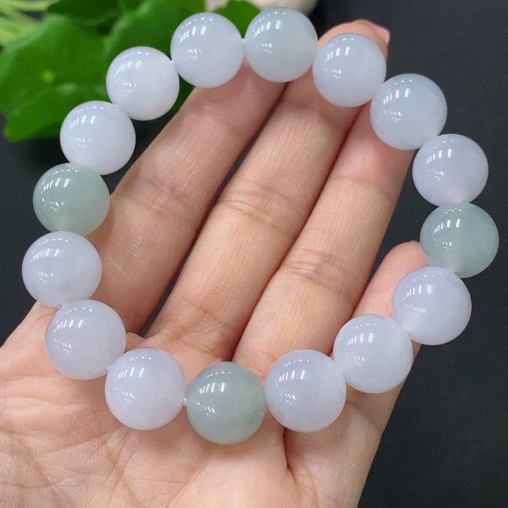 Huiliu Jadeite bracelet, 12.3mm jade beads, natural green color with polished finish, certified by HUILIU HQ.