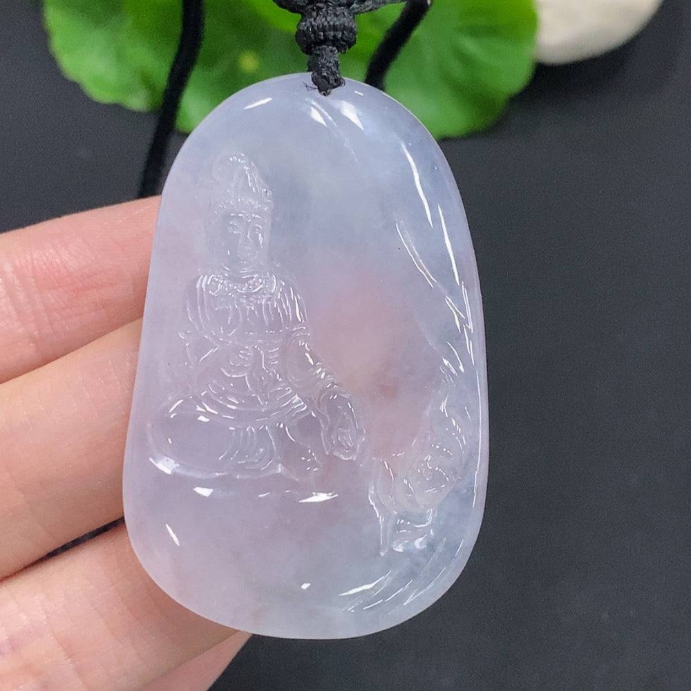 Jadeite Guanyin pendant from HUILIU HQ, intricately carved jade figure weighing approximately 25.3g with rope included.
