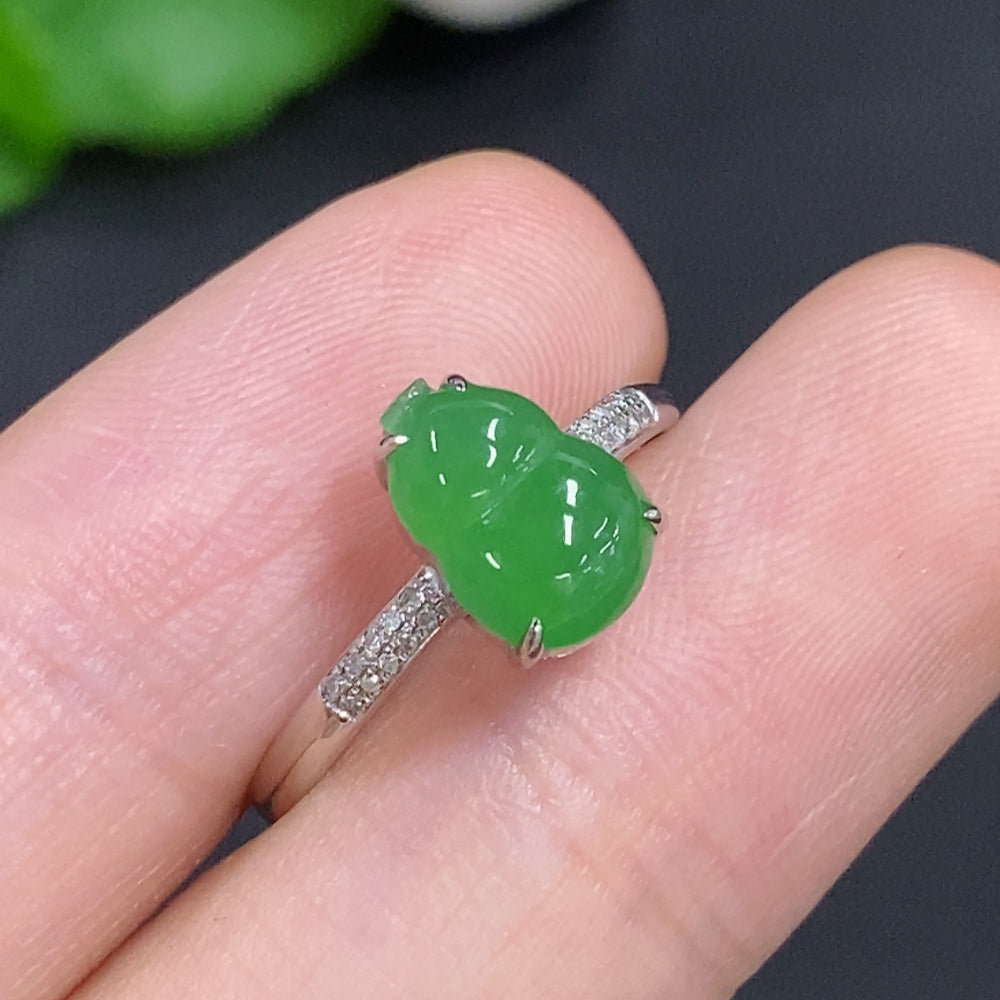 Jadeite gourd inlay ring by HKHQ featuring 18K gold, diamond accents, size 13, with a detailed view of the handcrafted design.