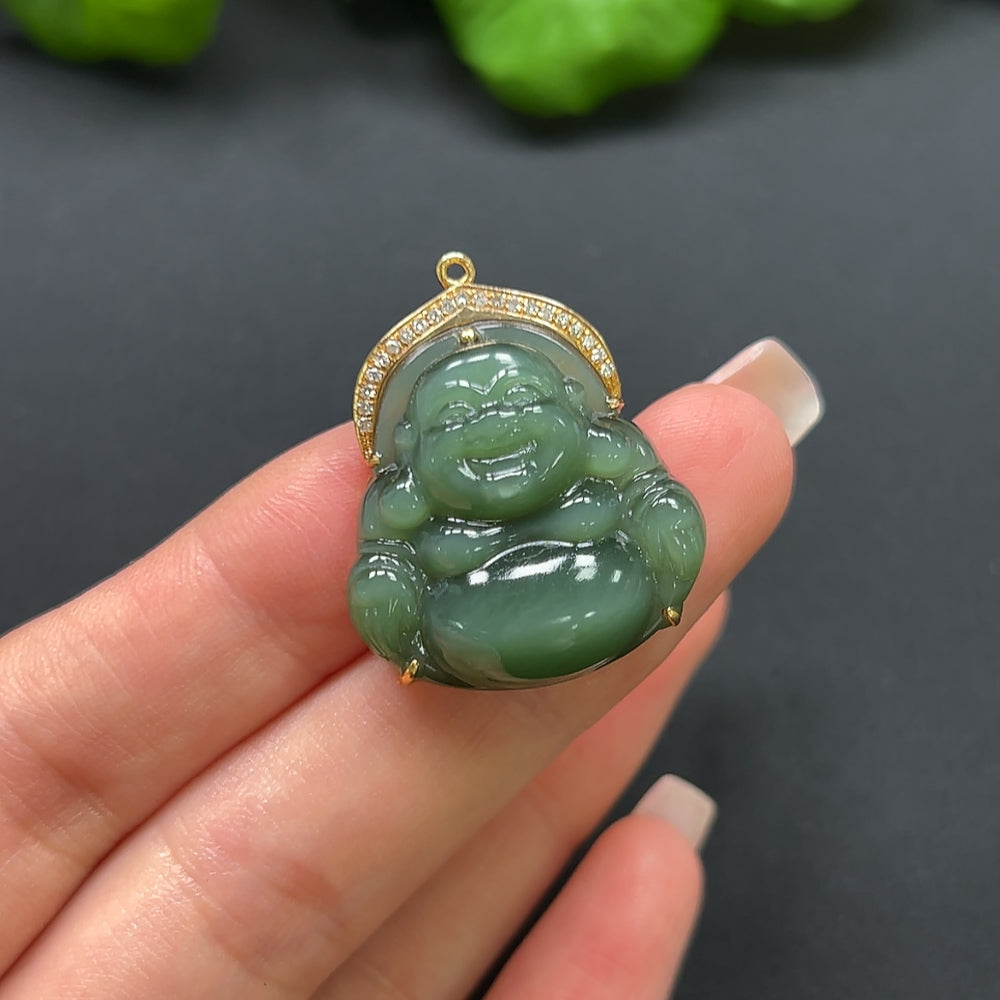 Hetian Jade Jasper Buddha Pendant with 70% Gold and Diamond Inlays