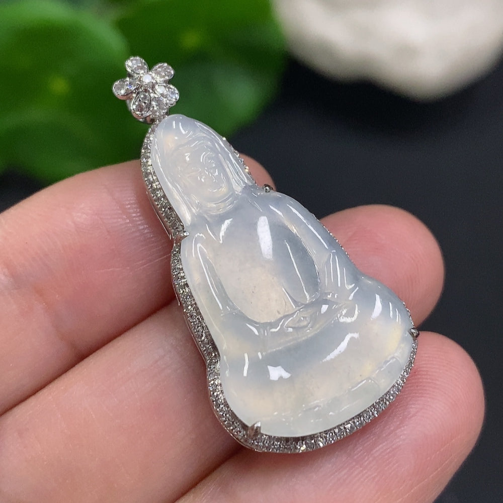 Jadeite Guanyin Inlaid Pendant . (With Diamond Accents) | Huiliu Certified