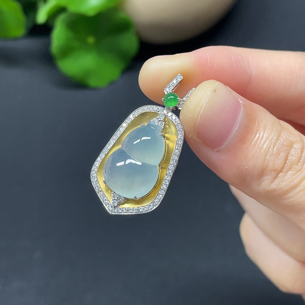 Jadeite Gourd Inlaid Pendant 18k with Diamond Accents