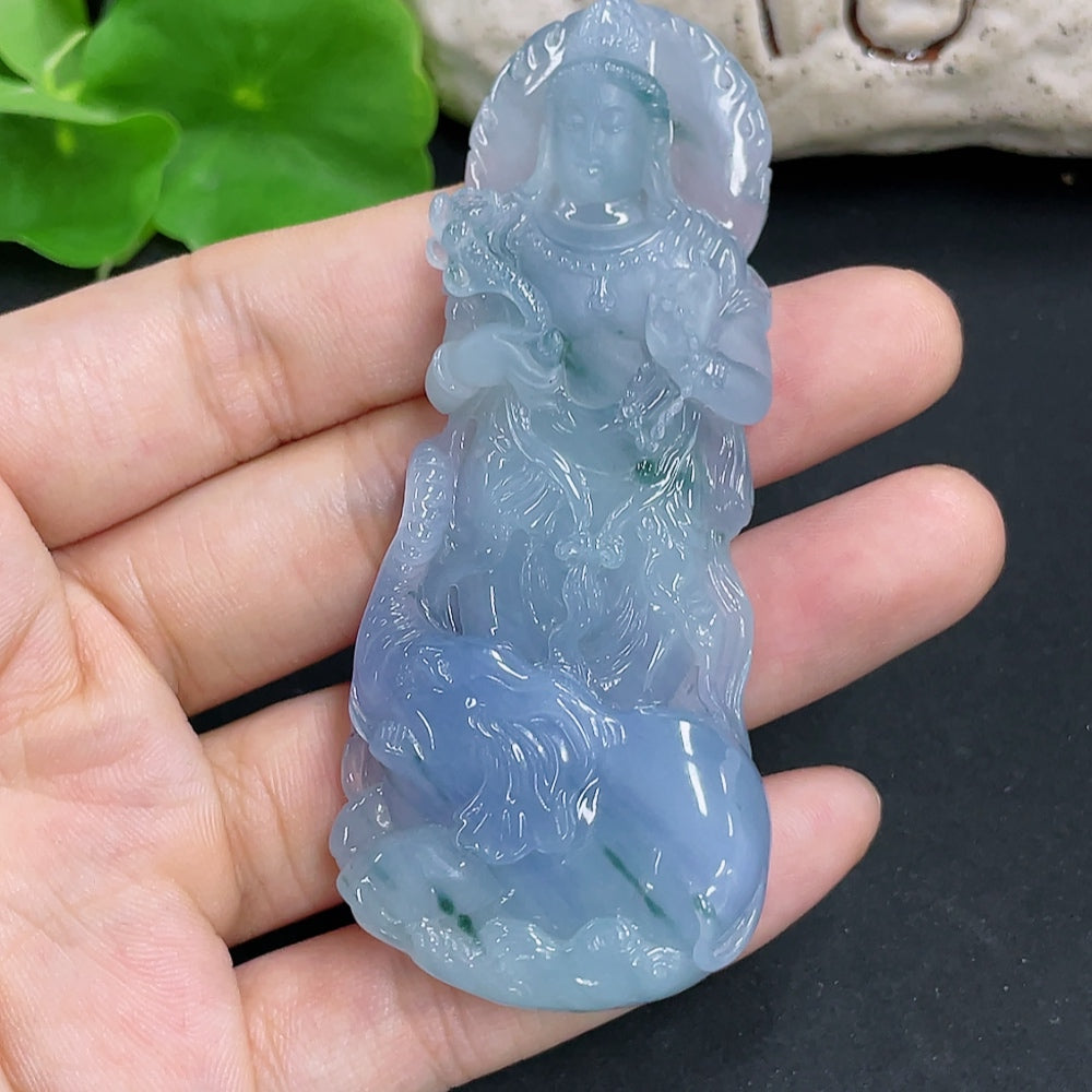 Jadeite Pendant of Samantabhadra on a necklace, crafted from green jadeite, weighing 52.6g, displayed against a neutral background.