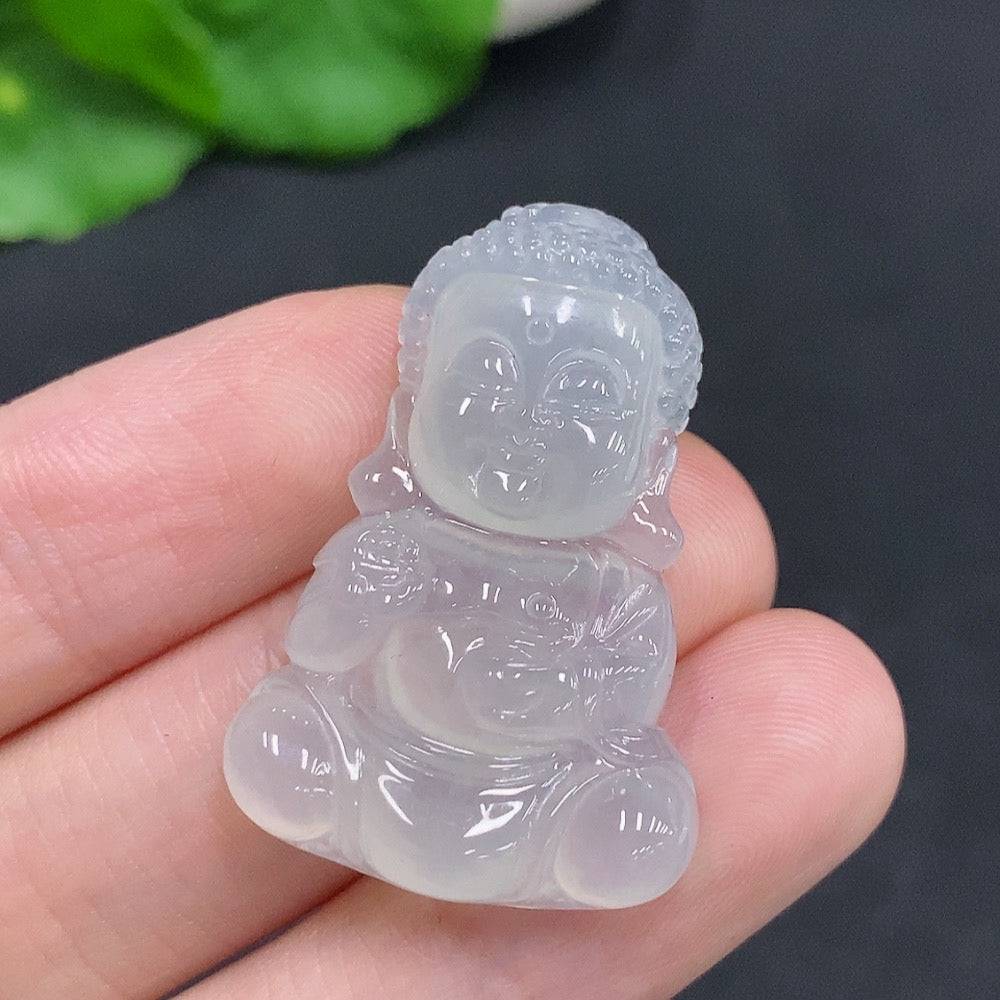 Jadeite baby Buddha pendant from HUILIU HQ, crafted in green jade with smooth finish and detailed facial features.