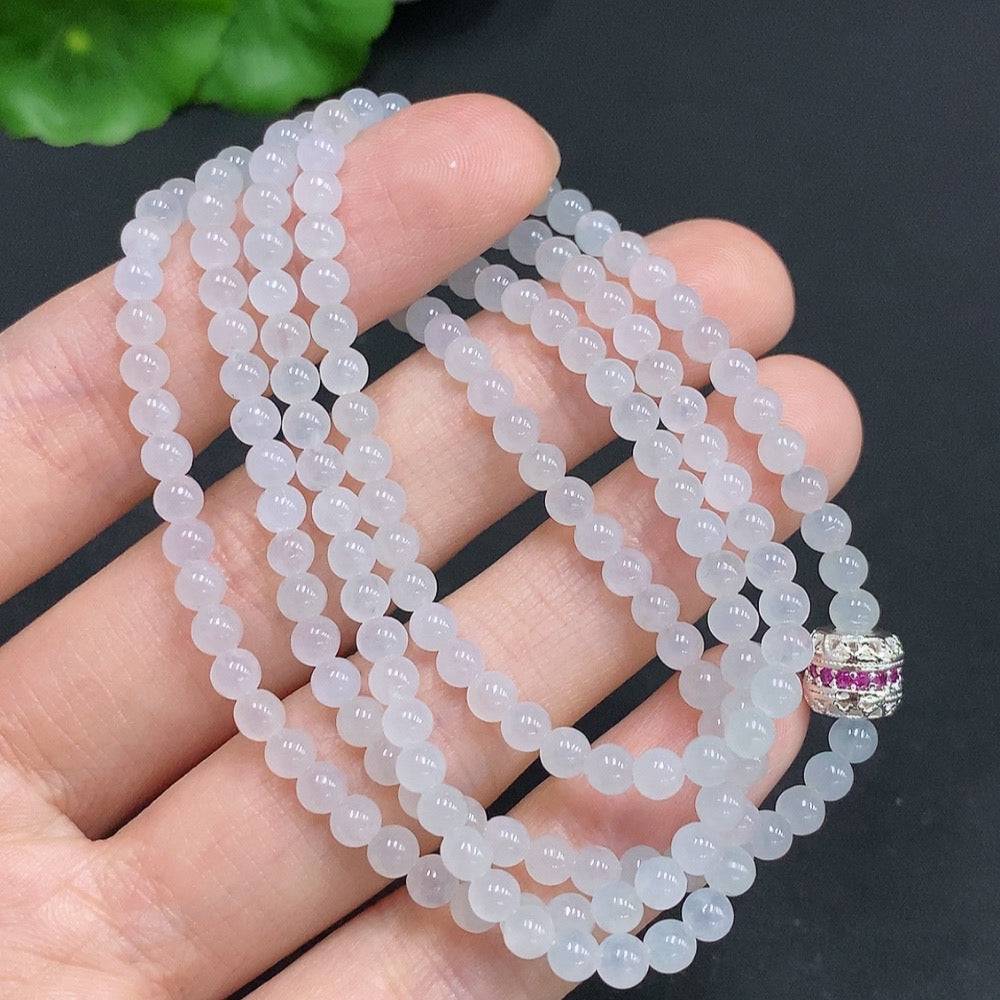 Jadeite bead necklace from HUILIU HQ with non-gold inlaid beads, 3.7mm size, total weight 17.4g, natural jade finish
