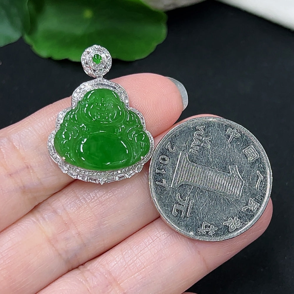 Jadeite Buddha pendant necklace in 18K gold with diamond accents, featuring a detailed Buddha charm on a gold chain.
