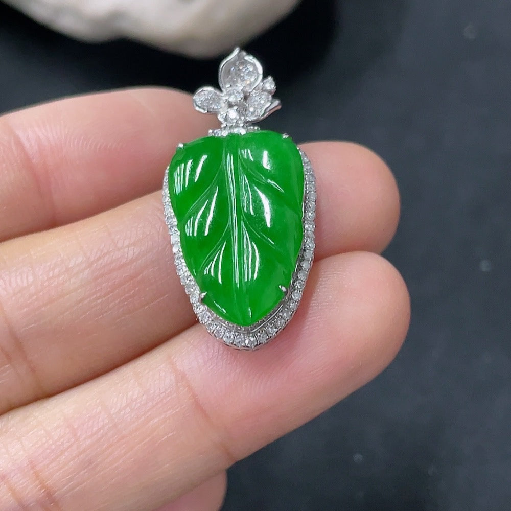 Huiliu Jadeite leaf pendant with diamond accents, showcasing intricate craftsmanship and vibrant green jadeite stone.