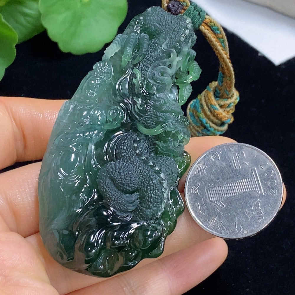 Jadeite pendant featuring a dragon plaque with a rope, crafted from green jade, weighing approximately 60g from HUILIU HQ.