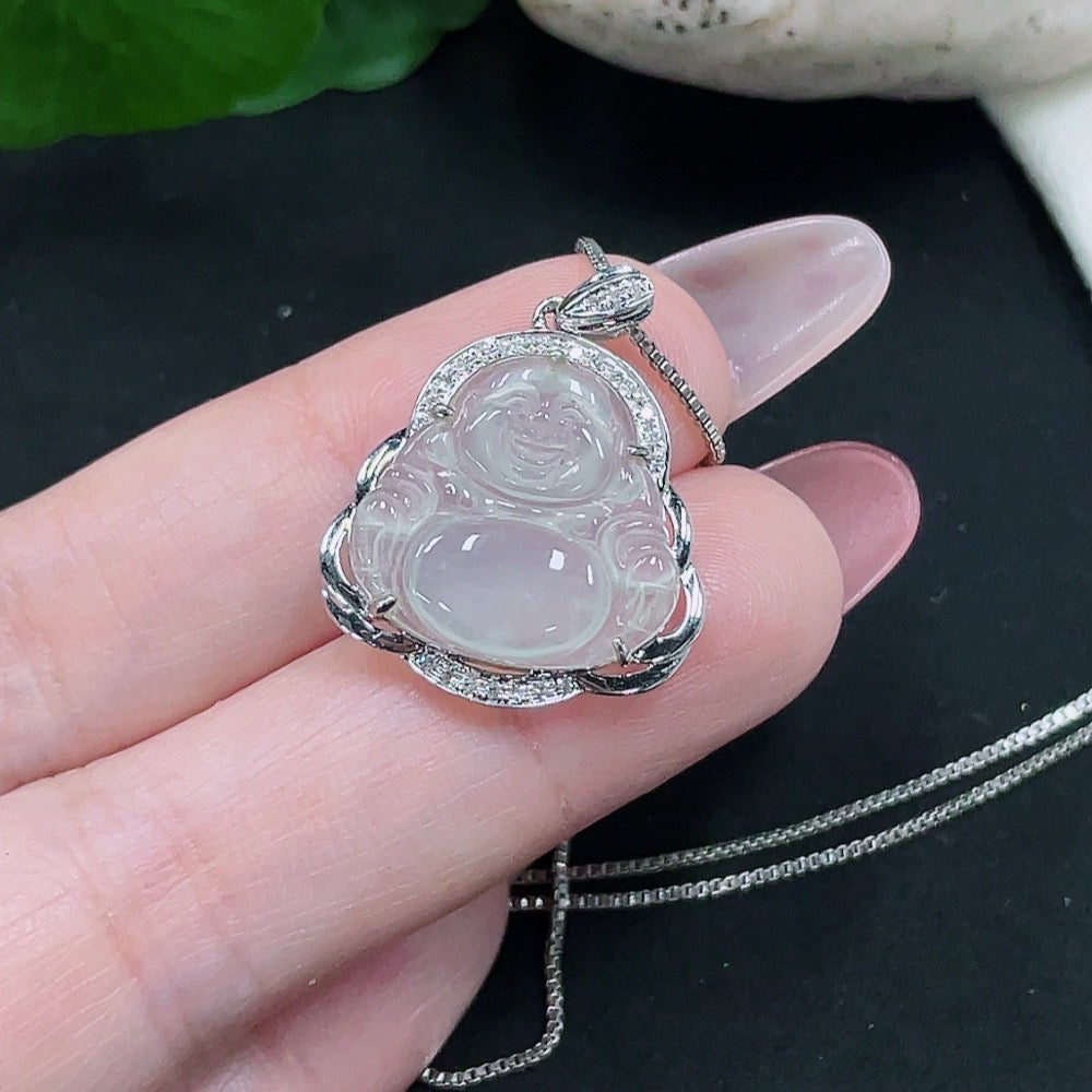 Jadeite Buddha Pendant with 18K Gold and Diamond Accents, Total Weight Approx. 2.4g (Excluding Chain)