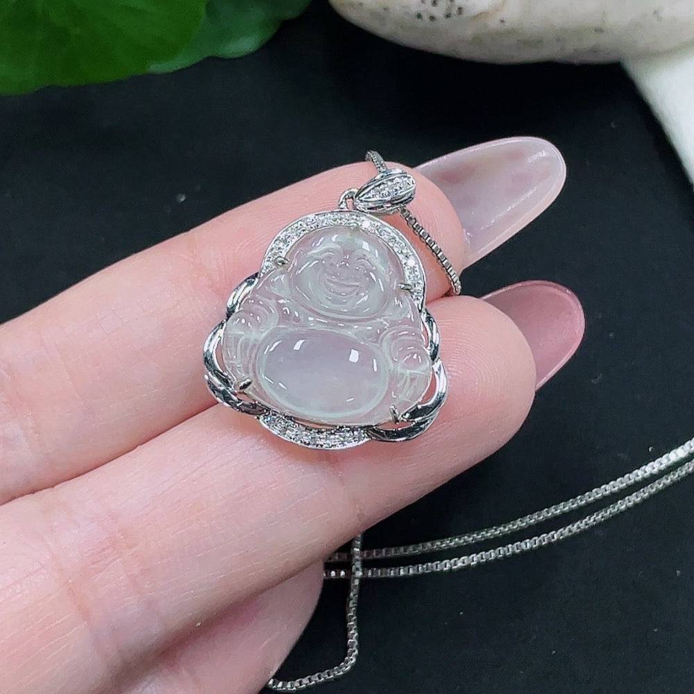 Huiliu Jadeite Buddha pendant with diamond accents, natural green jade, detailed carved figure, no chain included.