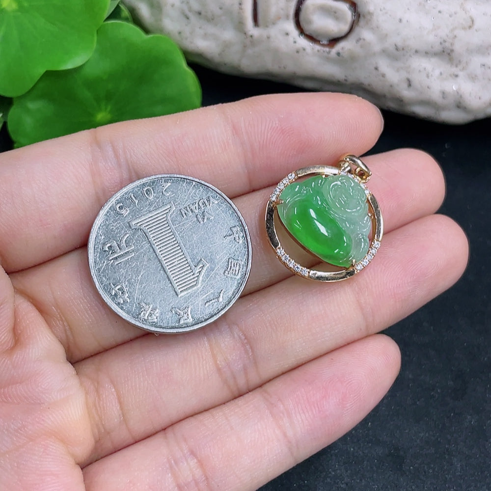 Jadeite Buddha pendant necklace with 18K gold and diamond accents, showcasing a detailed Buddha figure in a jewelry setting.