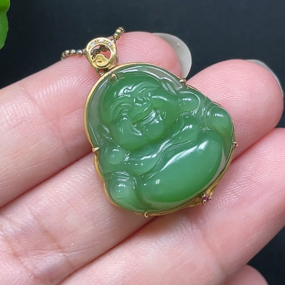 Hetian Jade Buddha Pendant in 18K Gold with Non-Gold Chain