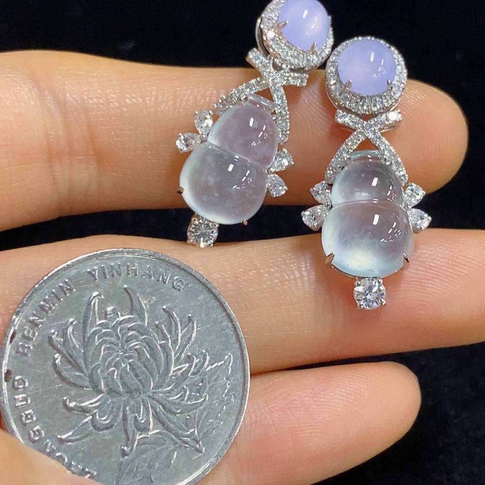 Jadeite gourd inlaid earrings by HUILIU HQ, 18k gold with diamond accents, featuring intricate jade and gold craftsmanship.
