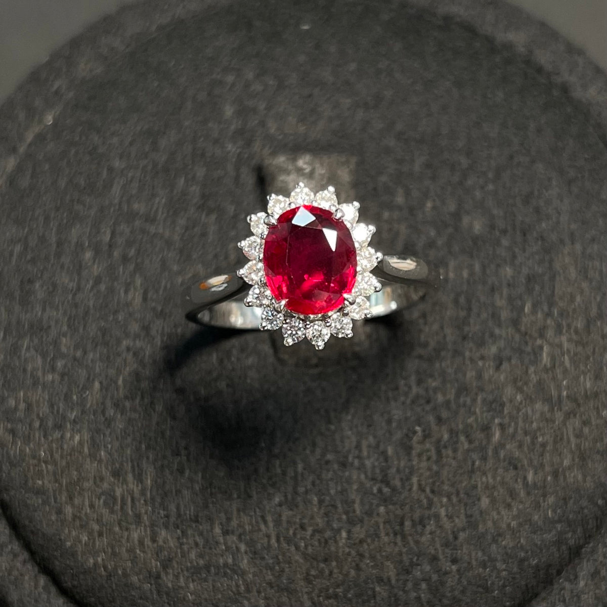 18k gold Ruby ring with diamonds, size 12, 2.62g, featuring a vivid unheated Mozambique ruby, GRS certified 1.25ct gemstone.