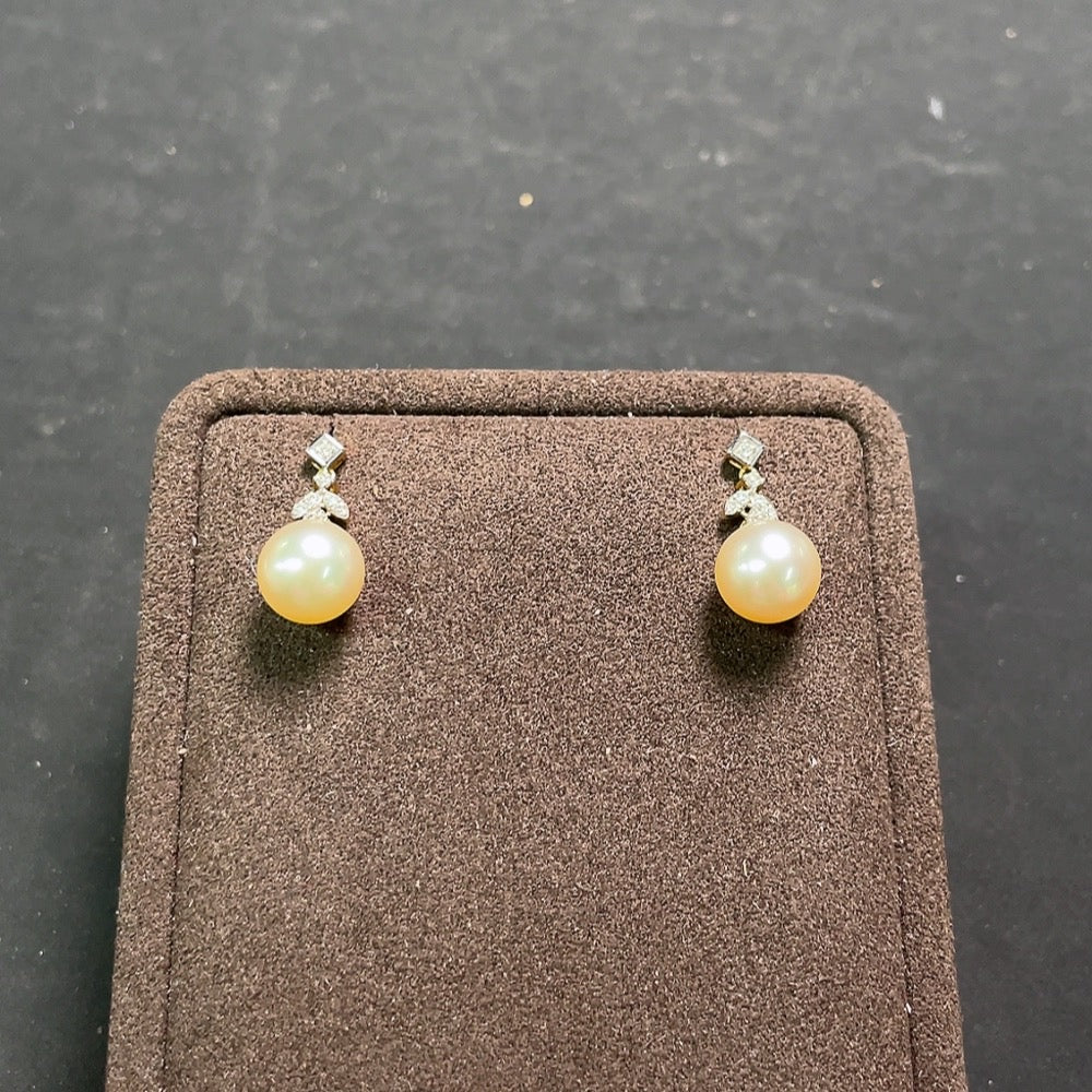 HUILIU HQ seawater pearl earrings with diamond accents, 18k gold, 9mm size, featuring elegant pearl and gold design.
