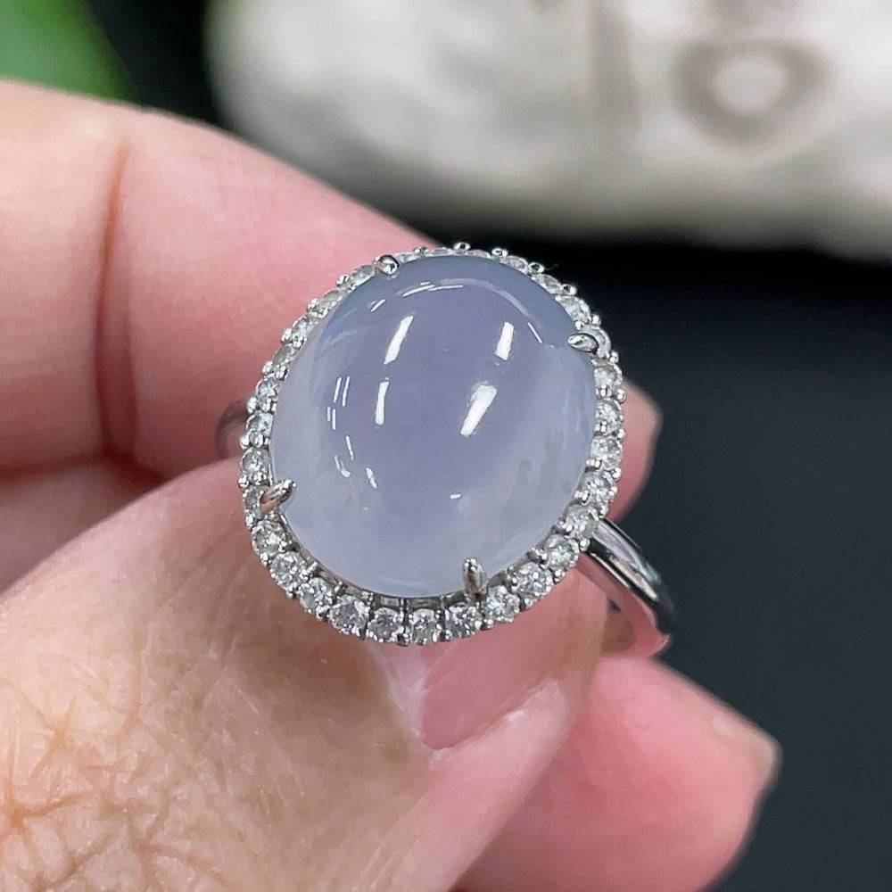 Jadeite cabochon inlaid ring with 18k gold and diamond accents, size 12.5, from HUILIU HQ, featuring a polished jade gemstone.