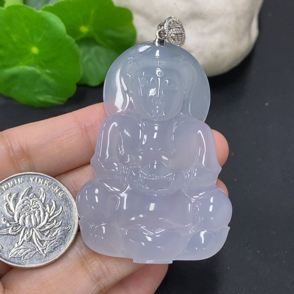 Jadeite Guanyin pendant necklace with 18K gold clasp and diamond accents, featuring detailed carved design on a delicate chain.
