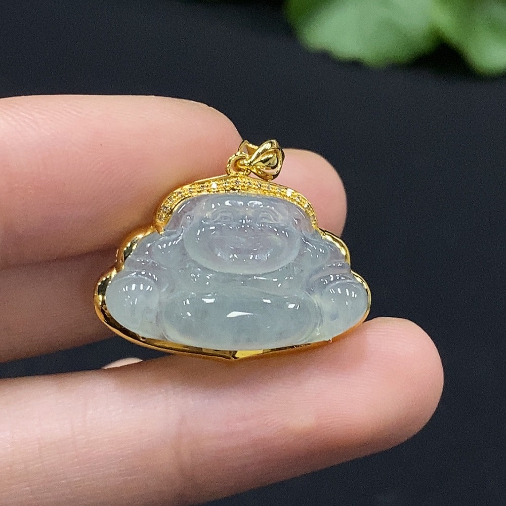 Huiliu Jadeite Buddha pendant inlaid with diamonds, featuring intricate craftsmanship and vibrant green jade, on a black cord.