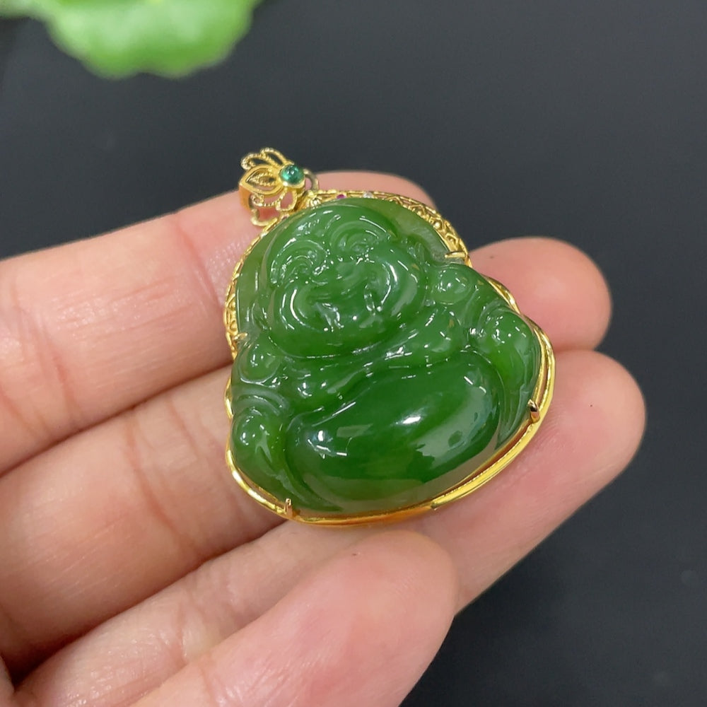 Huiliu HQ Hetian jade Buddha inlaid with non-diamond accents, crafted from smooth, polished green jade stone.