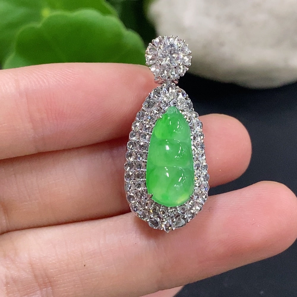 Jadeite lucky bean pendant necklace with 18K gold and diamond accents, elegant jewelry piece with intricate design and vibrant green jade.