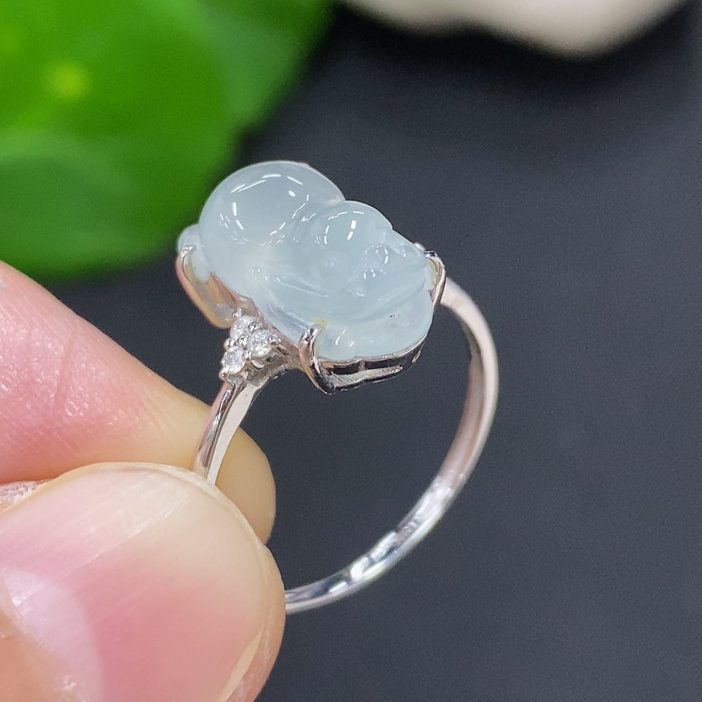 Jadeite inlaid ring with 18K gold band, diamond accents, size 12, from HKHQ, featuring intricate jade design and gold craftsmanship.