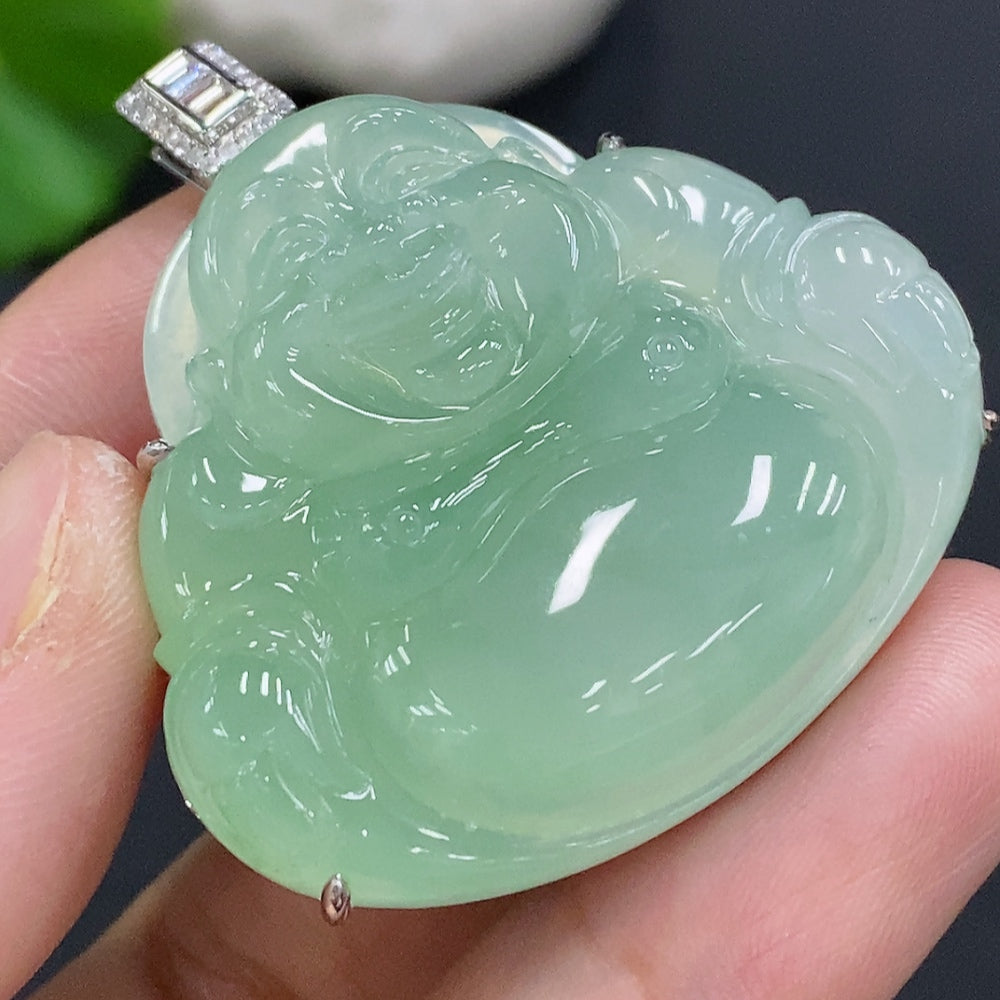 Jadeite Buddha Pendant with 18K Gold Setting, Total Weight Approx. 24.9g (Accented with Diamonds)