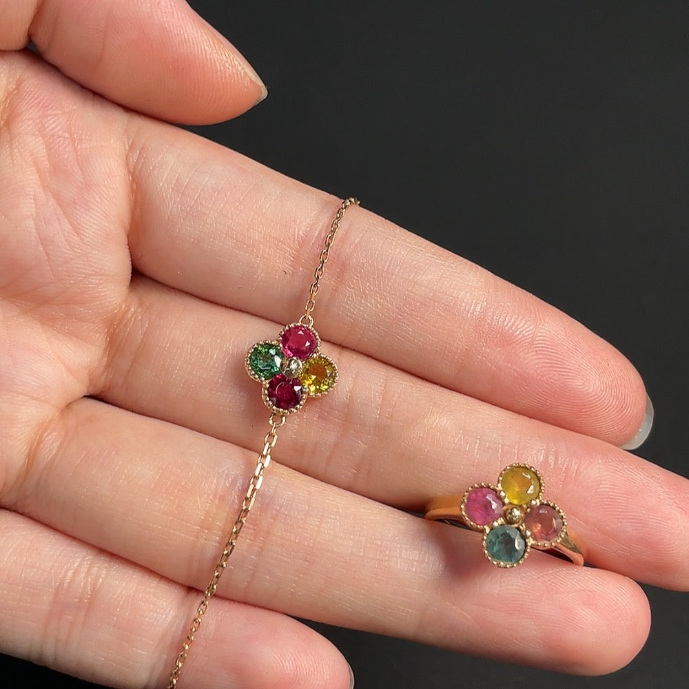 Tourmaline Inlaid Ring + Bracelet 18K Gold Size 12 Total Weight Approx. 4.10g