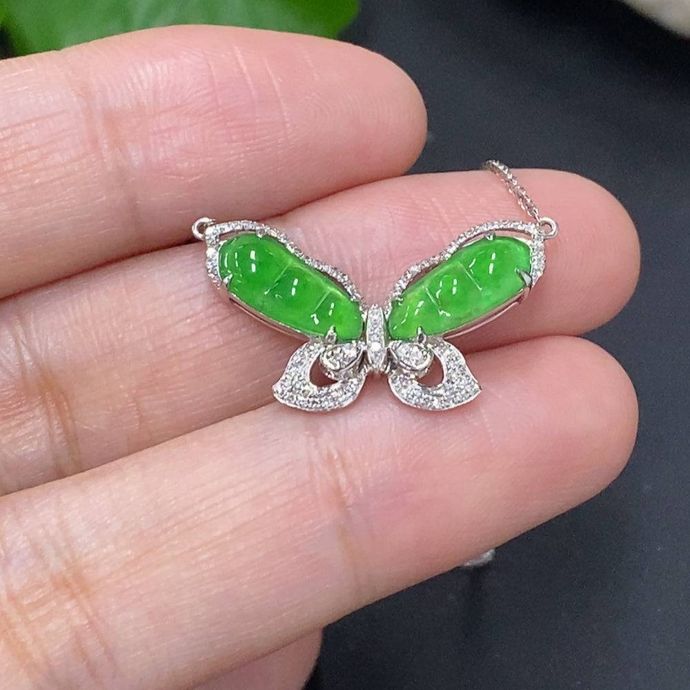 Huiliu Jadeite Blessing Bean Pendant with diamond accents, natural green jade, polished surface, and Huiliu certification.