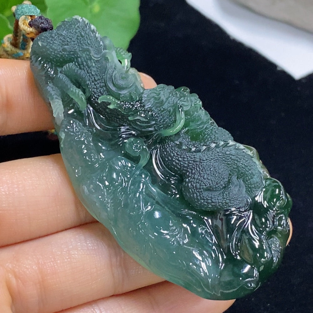Jadeite pendant featuring a dragon plaque with a rope, weighing approximately 60g, crafted by HUILIU HQ.