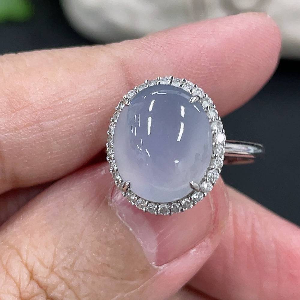 Jadeite cabochon inlaid ring by HUILIU HQ with 18k gold band, diamond accents, size 12.5, weight 3.58g, close-up of jewelry detail.