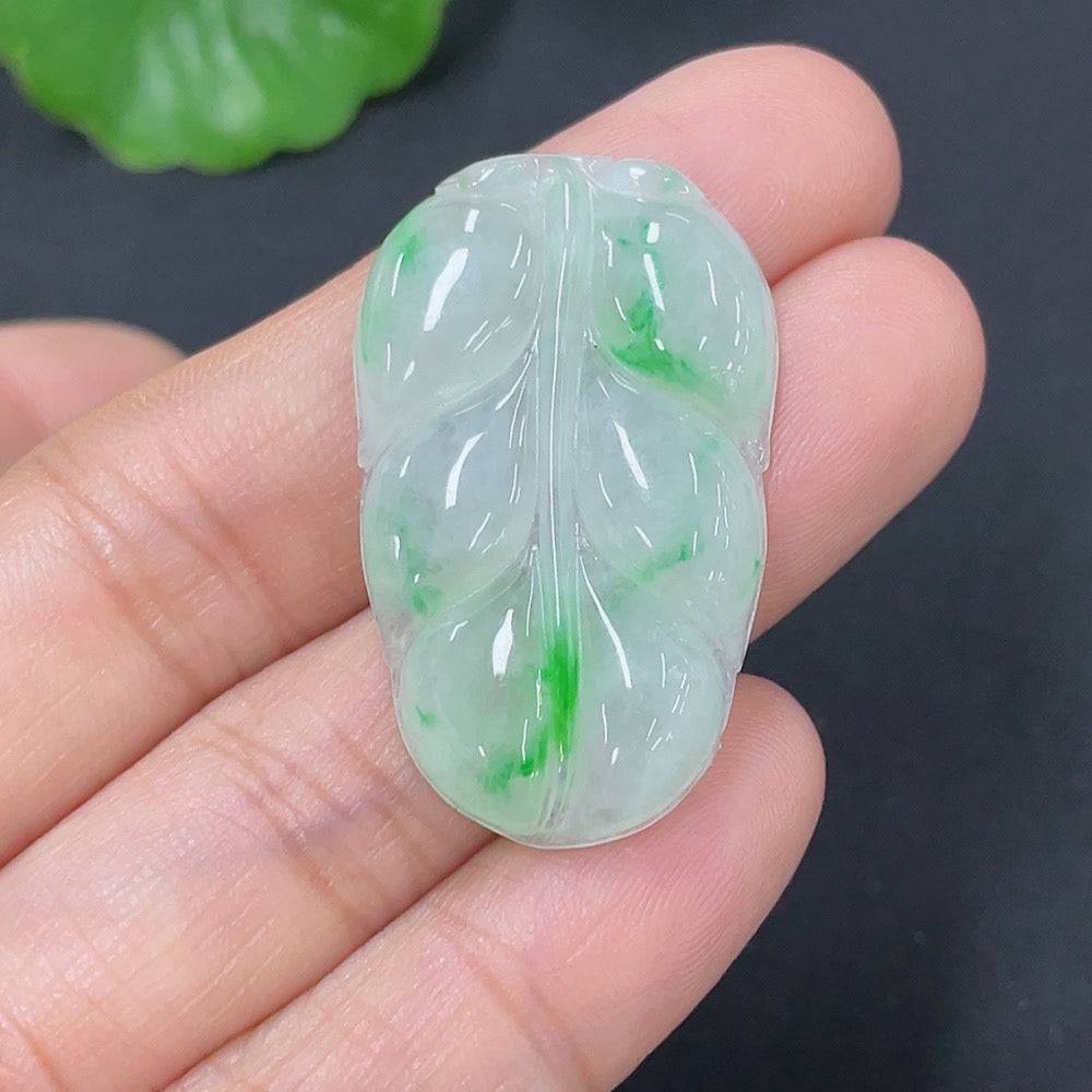 Huiliu Jadeite pendant shaped like a leaf, certified jade jewelry with detailed natural green jade appearance.