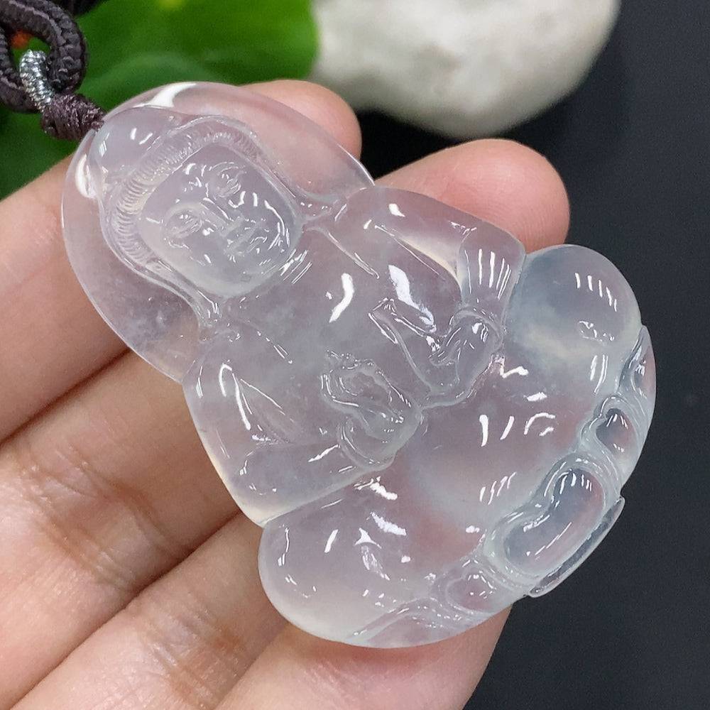 Jadeite Guanyin pendant with cord, crafted from green jade, weighs approximately 19g, featuring intricate carved details.