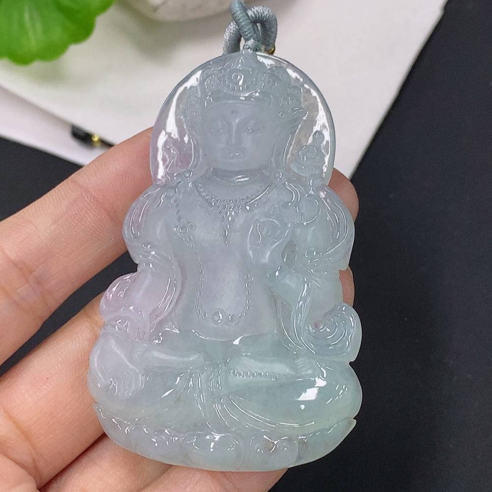Jadeite Guanyin pendant with cord, crafted from green jade, weighing approximately 31.78g, by HUILIU HQ.