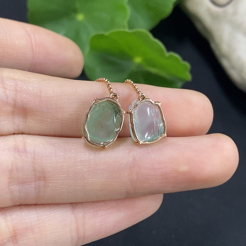 Pair of HUILIU HQ jadeite inlaid earrings with earplug weights, crafted from green jade with intricate inlay details.